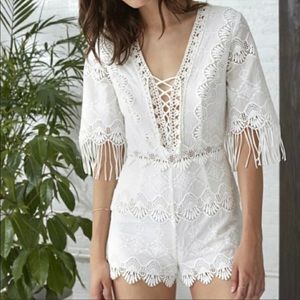 Saylor White Lace Romper with Tassel Sleeves